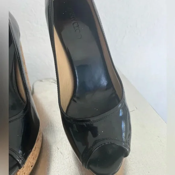 Jimmy Choo Black Patent Papina Cork Wedge Pumps Size 39 - Picture 7 of 9